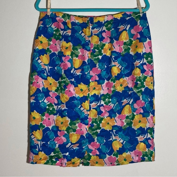 Vintage Bright Floral Knee-Length Silk Skirt | 80s Ladies | Resortwear - Picture 2 of 11